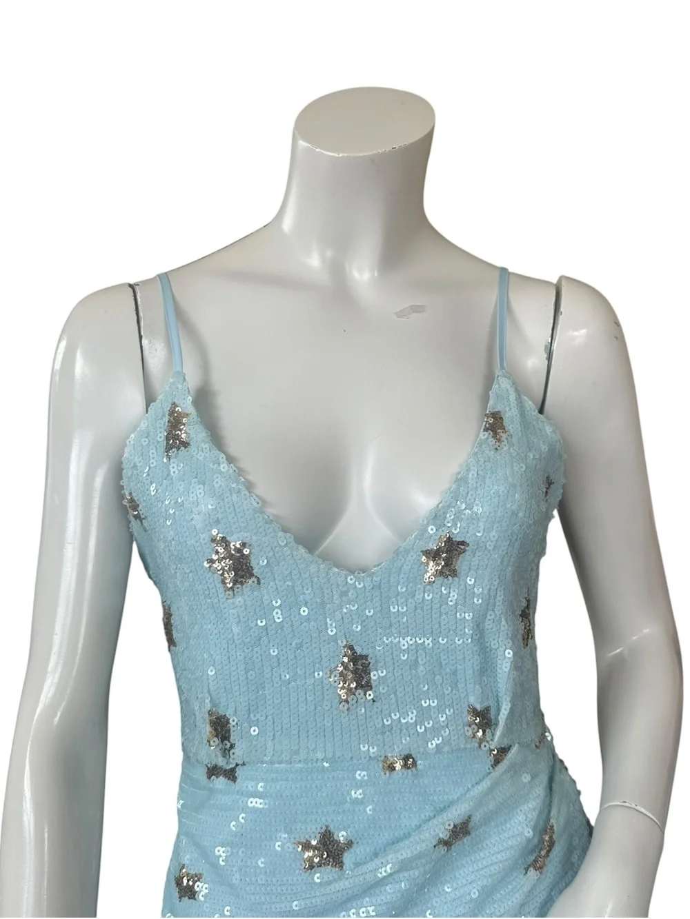 Superdown Dina Sky Blue Gold Star Print Sequin Ruched Front Mini Dress Sz Small